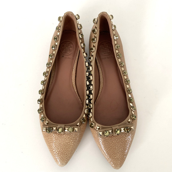 TORY BURCH Ballet Flat Crystal Embellished Point Toe Beige Tan Bow Jewel 6.5 - Picture 3 of 8